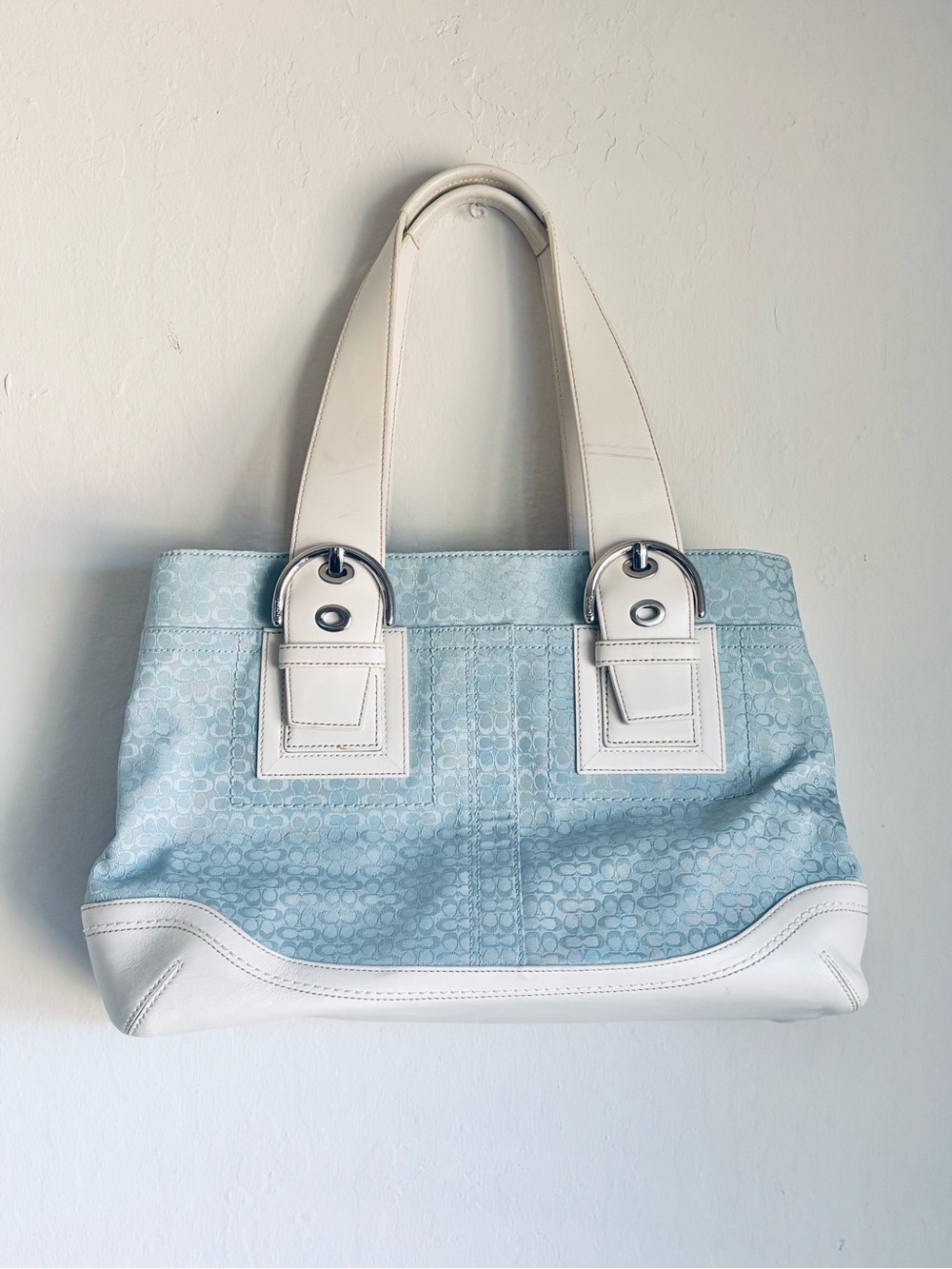 Coach Soho Signature Tote F10928 Sky Blue Jacquard White Leather Y2K Vintage